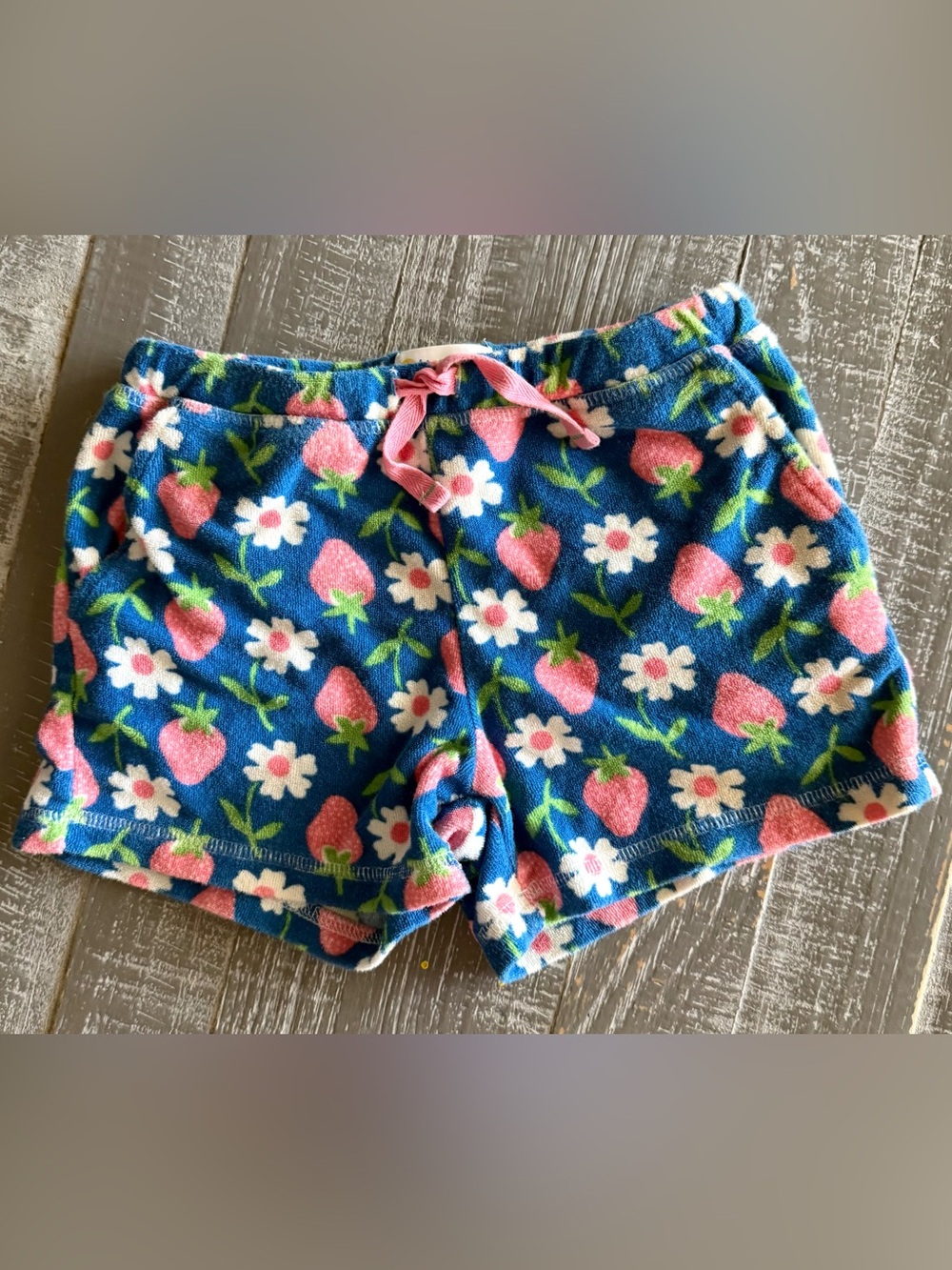 Mini Boden Blue Terrycloth Shorts with Pink Strawberry Print